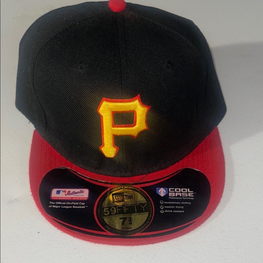 New Era Pirates Black and Red Baseball Cap with Yellow Logo